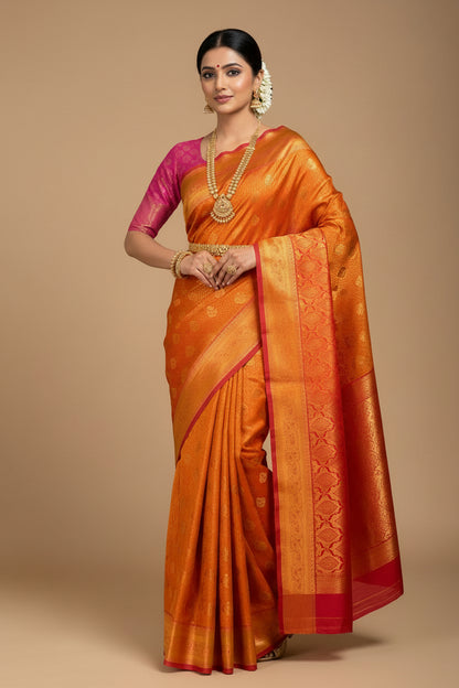 Vegan Silk Saree Golden Yellow Colour with Pink and Copper Border