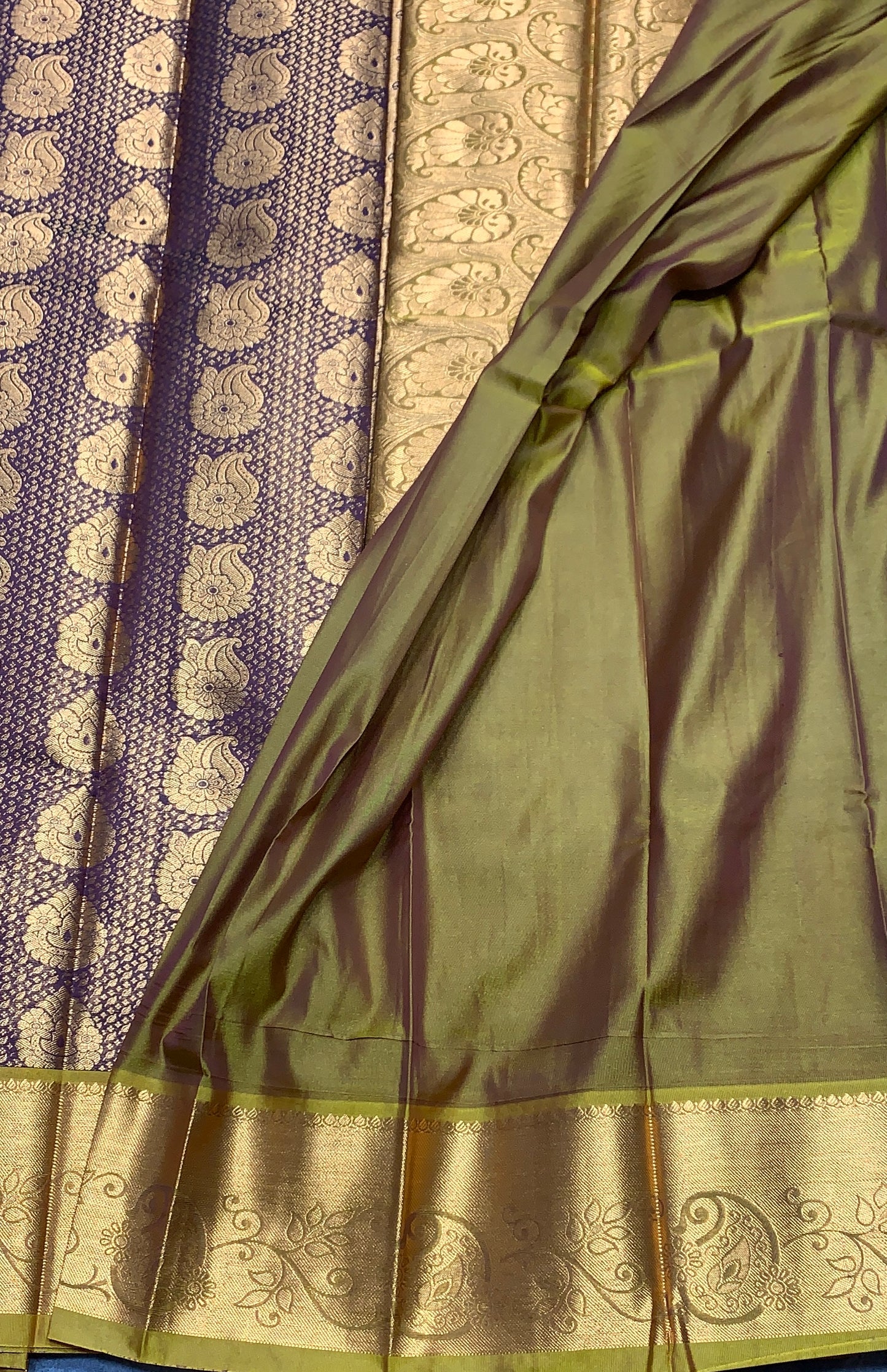 Vegan Silk Saree Brown Colour with Olive Green and Copper Border