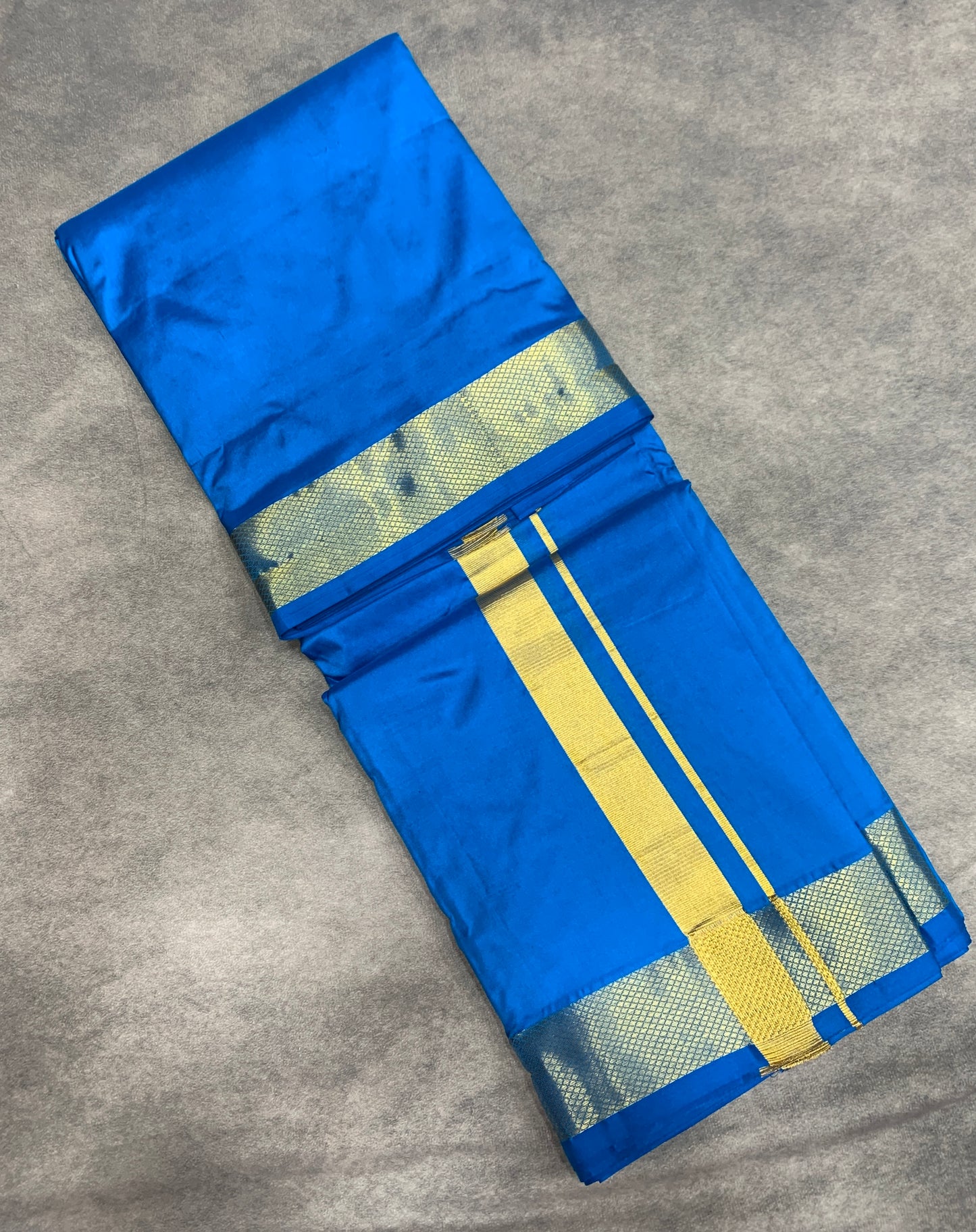 9X5 Pure Silk Dhoti Ananda Blue with Large Golden Zari Border