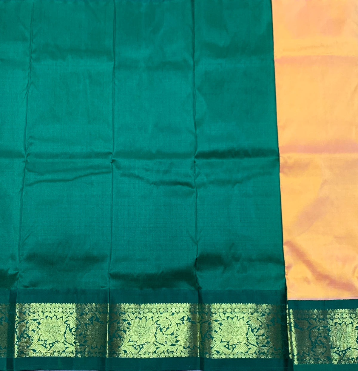 Mustard Yellow Shade Pure Kanchipuram Kids Pattu Pavadai with Contrast Border for Newborn to 2 Years