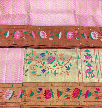 Paithani Pure Silk Saree Baby Pink Colour with Copper Colour and Floral Design (Pre Order Available)