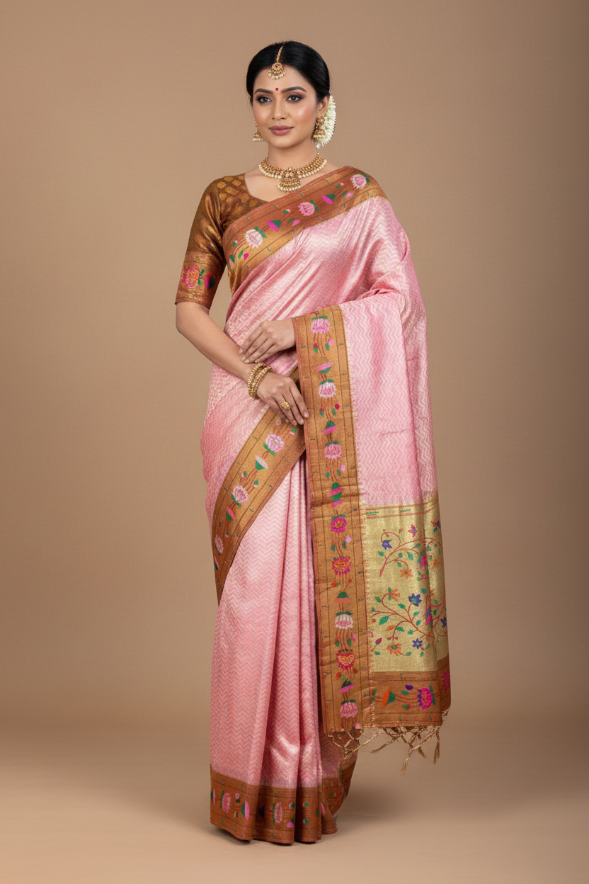 Paithani Pure Silk Saree Baby Pink Colour with Copper Colour and Floral Design (Pre Order Available)