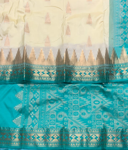 Pure Kanchipuram Silk Ivory Colour Saree with Sapphire Colour Border