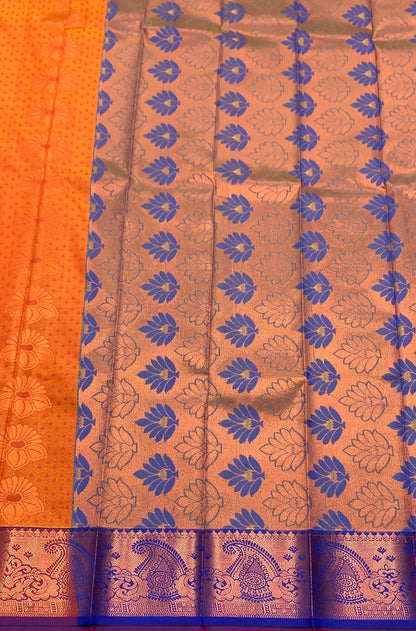 Vegan Silk Saree Light Orange Colour with Blue and Copper Border