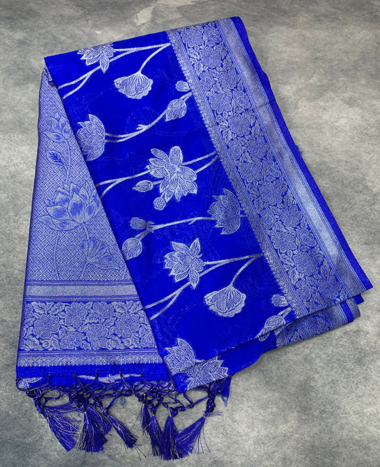 Soft Silk Casual Saree Ink Blue Colour with Sliver Colour Border