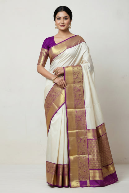 Pure Kanchipuram Silk Tussar Colour with Magenta and Golden Zari Border
