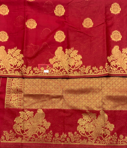 Kora Silk Saree Red Colour with Flower and Parrot Design Border