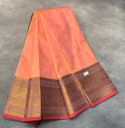 Synthetic Cotton Saree Peach Colour with Copper Border