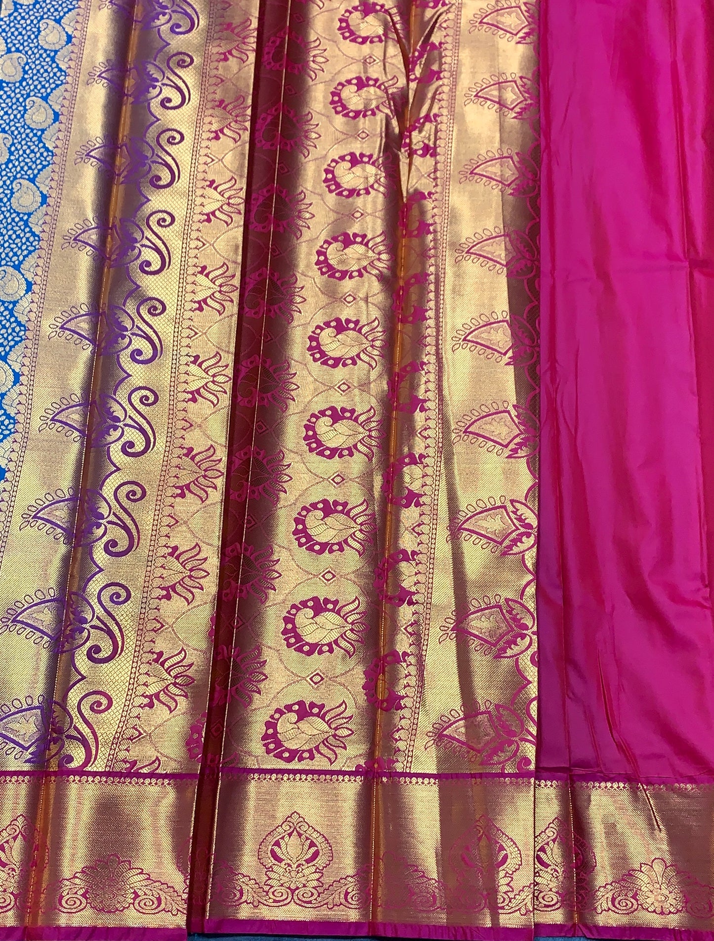Vegan Silk Saree Blue Colour with Magenta and Copper Border