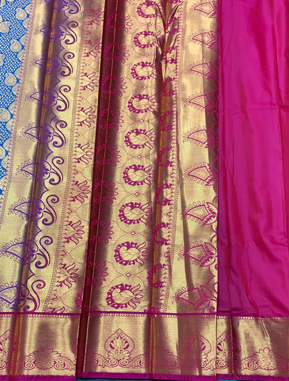 Vegan Silk Saree Blue Colour with Magenta and Copper Border