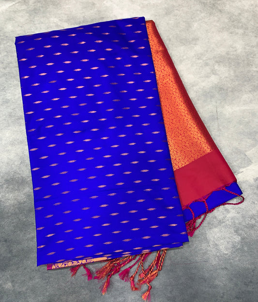Soft Vegan Silk Saree Blue Colour with Pink and Copper Border