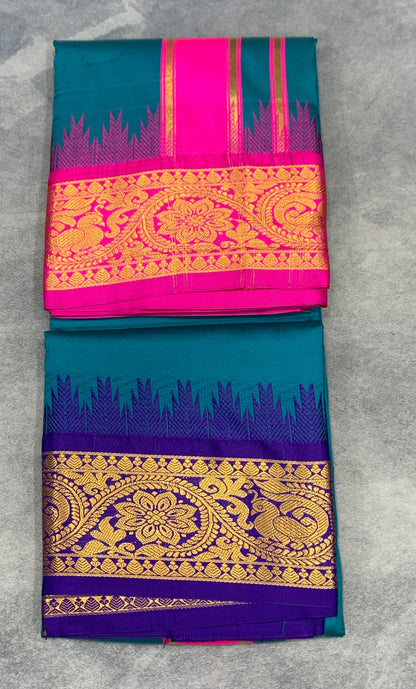 Art Silk Dhothi 9X5 Peacock Green Colour with Pink and Blue Colour Ganga Jamuna Border