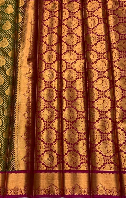 Vegan Silk Saree Olive Green Colour with Copper and Pink Border