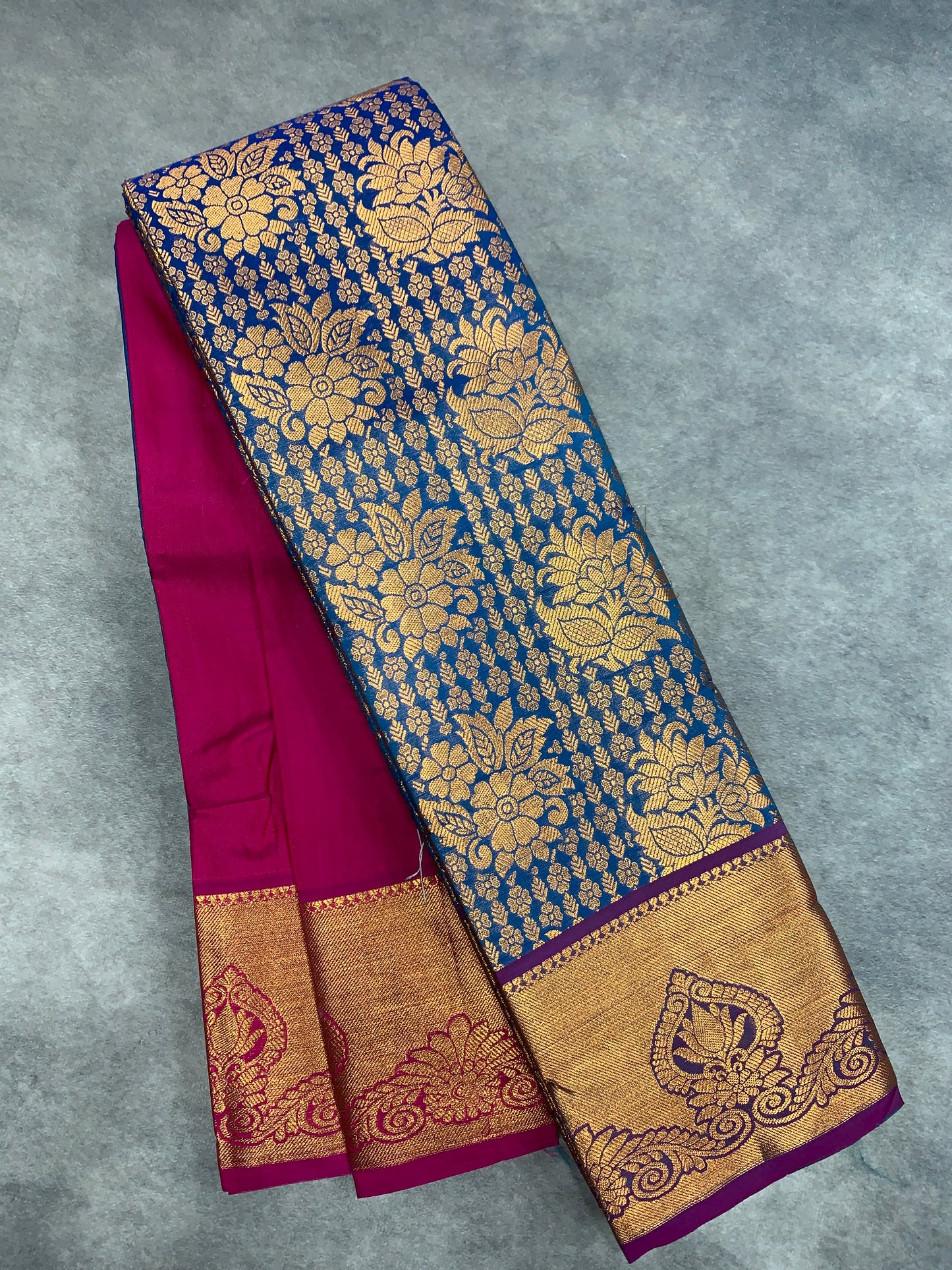 Vegan Silk Saree Blue Colour with Magenta and Copper Border
