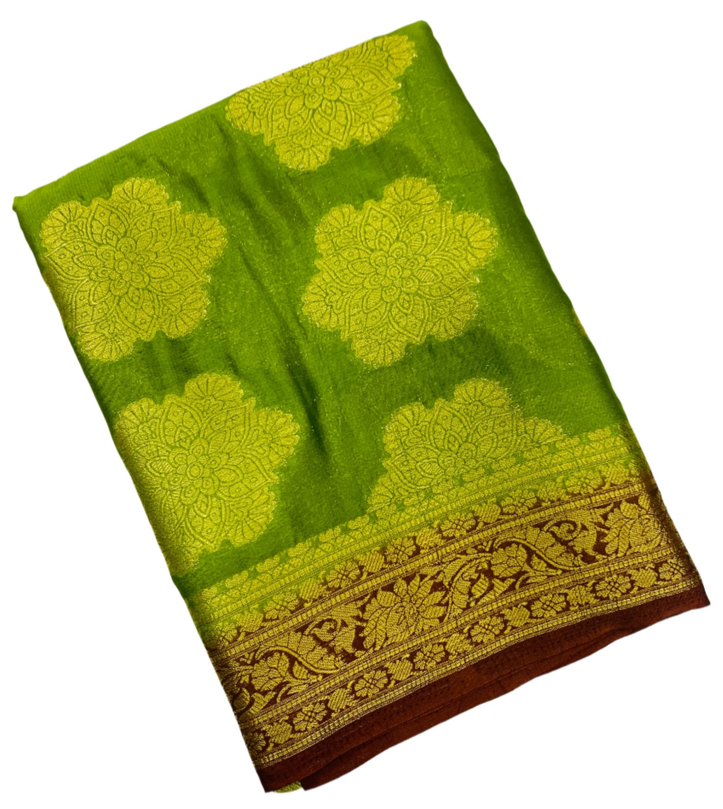 Crepe Saree Olive Green Colour with Brown Border