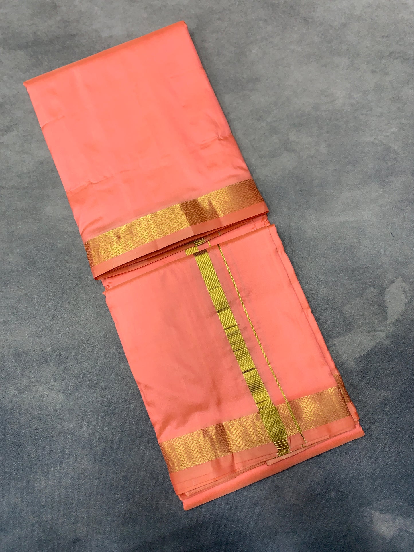 9X5 Pure Silk Peach Colour Dhoti with Golden Zari Border