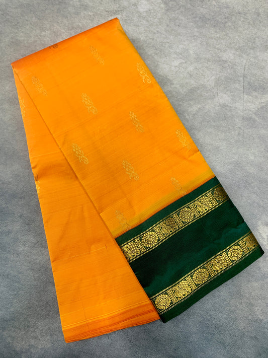 Semi Silk Saree Yellow Colour with Rettai Pettu Border-(One Side Border)