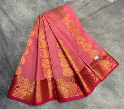 Vegan Silk Saree Peach Colour Saree with Copper and Pink Border
