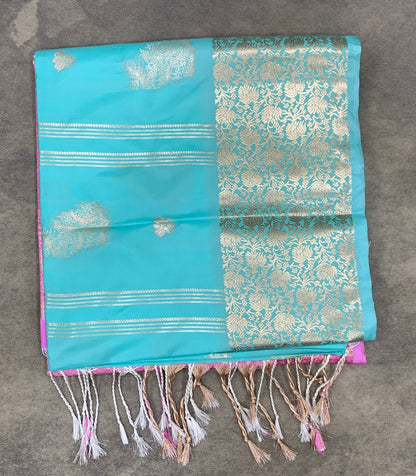 Art Silk Saree Sapphire Colour with Sliver Zari Border