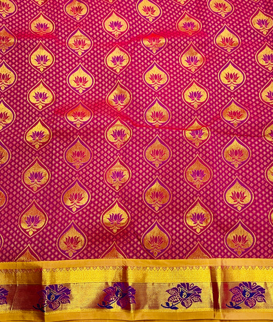 Pink Shade Vegan Silk Kids Pattu Pavadai with contrast border for newborn to 2 Years