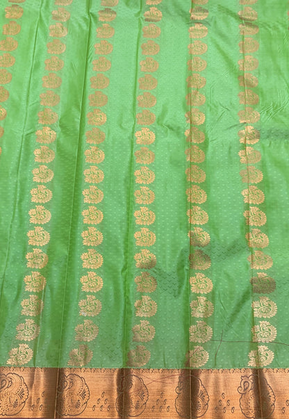 Vegan Silk Saree Apple Green Colour Saree with Copper Border