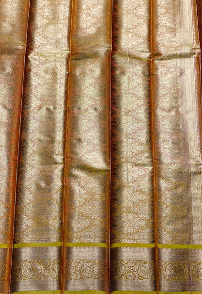Vegan Silk Saree Maroon Colour with Copper and Golden Yellow Border