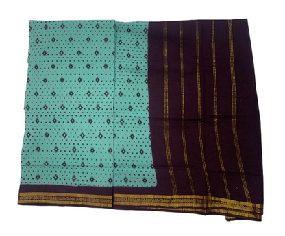 9 yards Cotton Saree Mint Green Colour with Brown Border