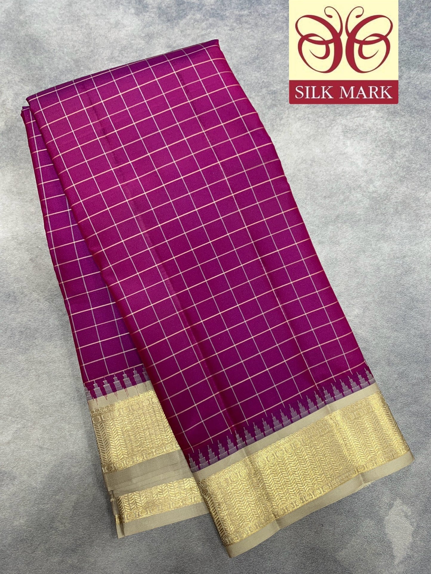 Pure Kanchipuram Silk Magenta Colour with Tussar and Golden Zari Border