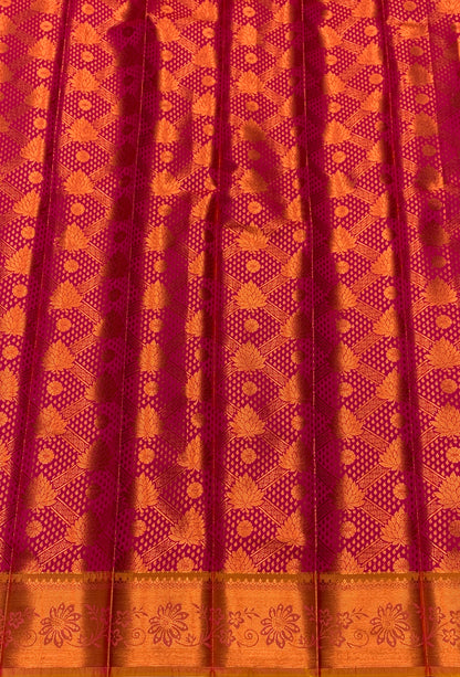 Vegan Silk Saree Pink Colour with Golden yellow and Copper Border