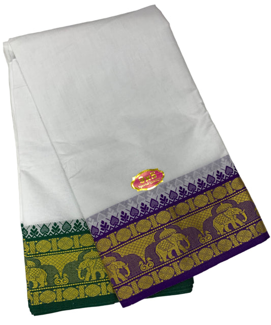 9X5 Cotton Dhoti White with Blue and Green Ganga Jamuna Border