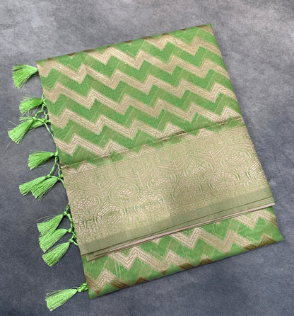 Banaras Katan Saree Apple Green Colour with Katan Work Border