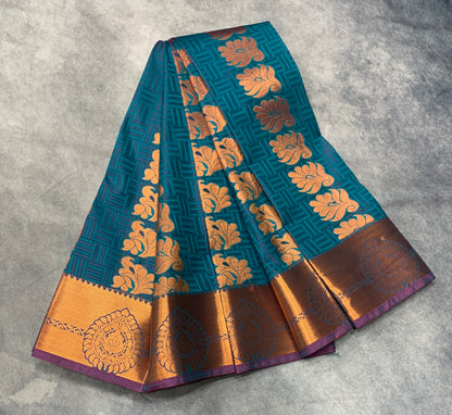 Vegan Silk Saree Rama Green Colour Saree with Copper Border
