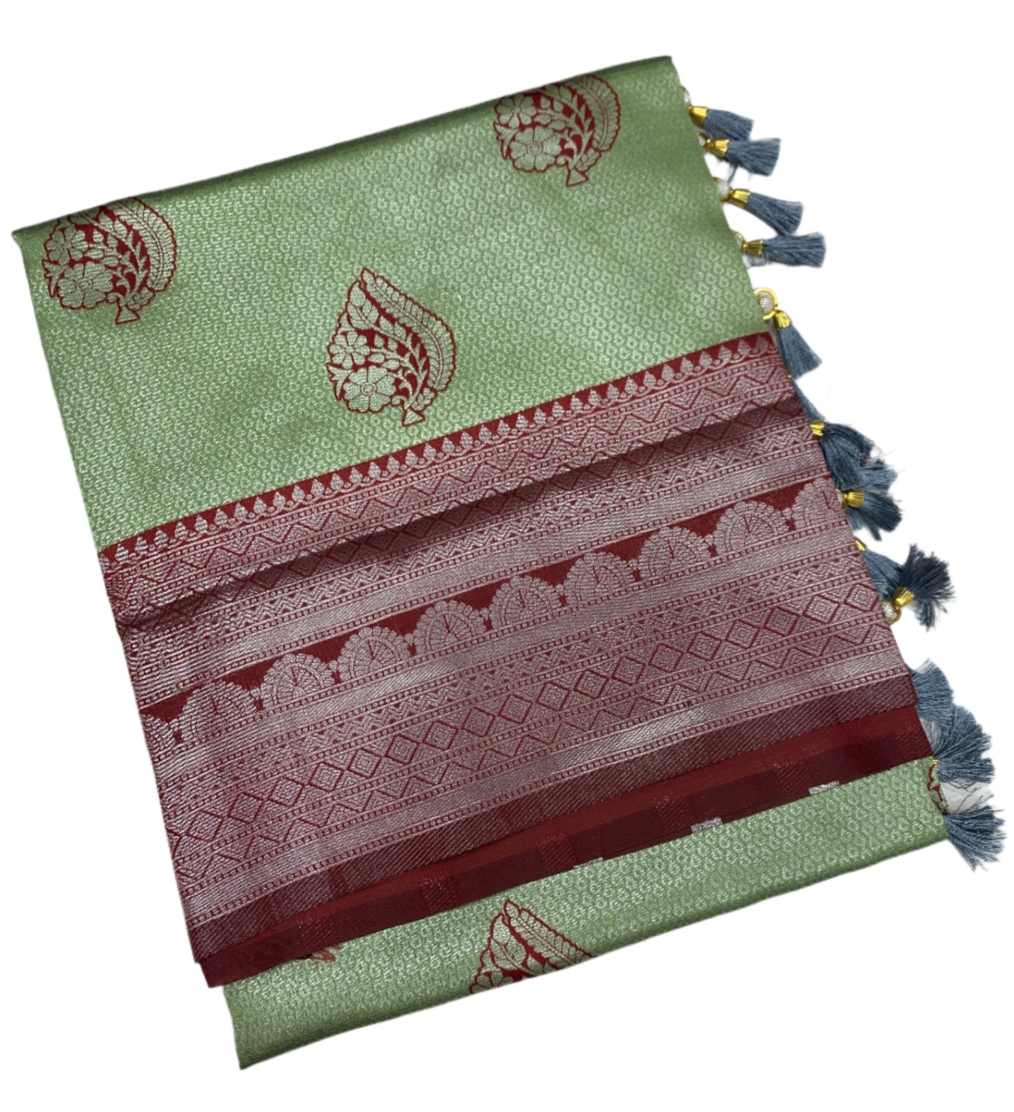 Art Silk Saree Pista Green Colour with Maroon Border