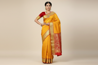Mango Yellow Shade Saree with Golden and Red Border