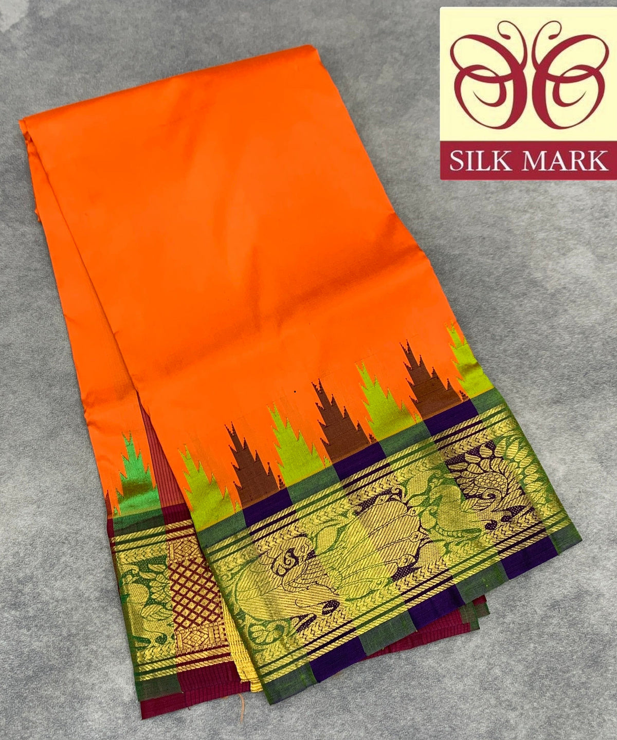 6 Mulam Silk Pooja Towel Orange Colour with Ganga Jamuna Korvai Border