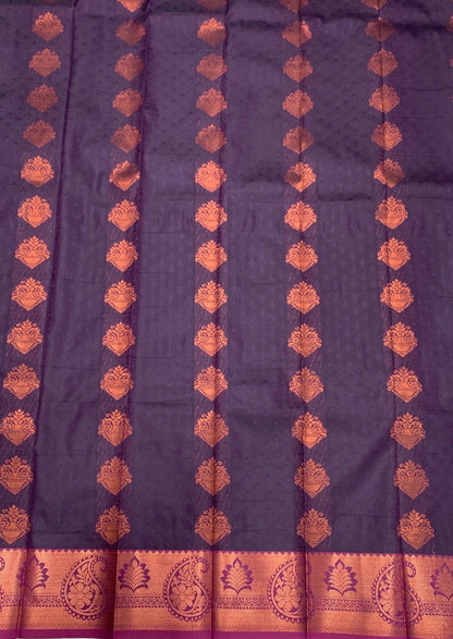 Vegan Silk Saree Dark Purple Colour with Copper Border