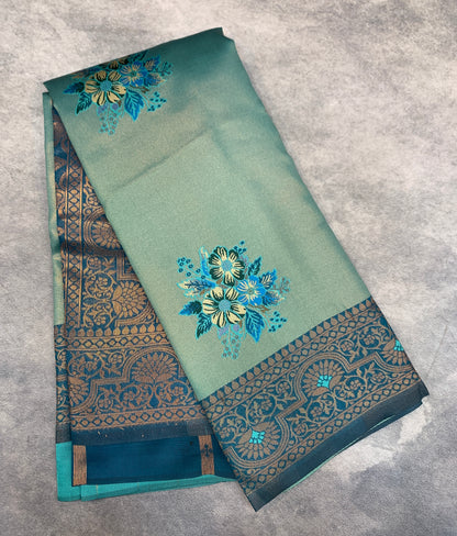 Fancy Tissue Saree Peacock Green Colour with Peacock Blue Border
