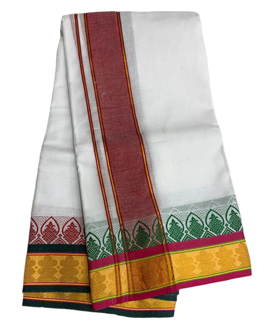 9X5 Cotton Dhoti White Colour with Yellow and Pink Border