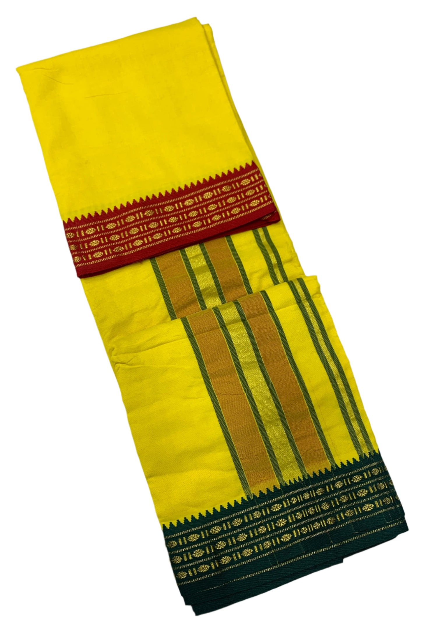 9X5 Cotton Dhoti Yellow Colour with Red and Green Border