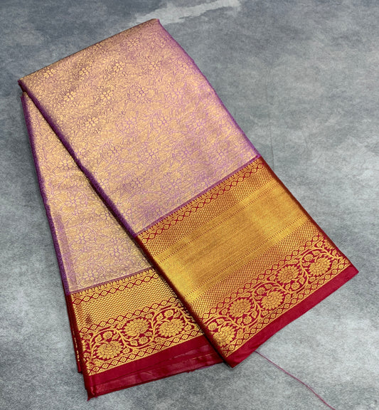 Fancy Tissue Saree Lavender Colour with Red Colour Floral Design Border