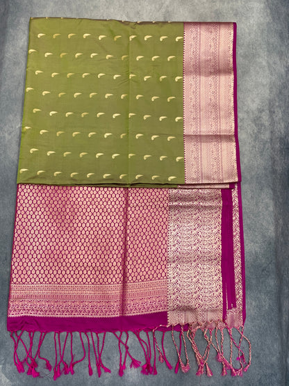 Art Silk Saree Olive Green Colour with Pink Colour Border
