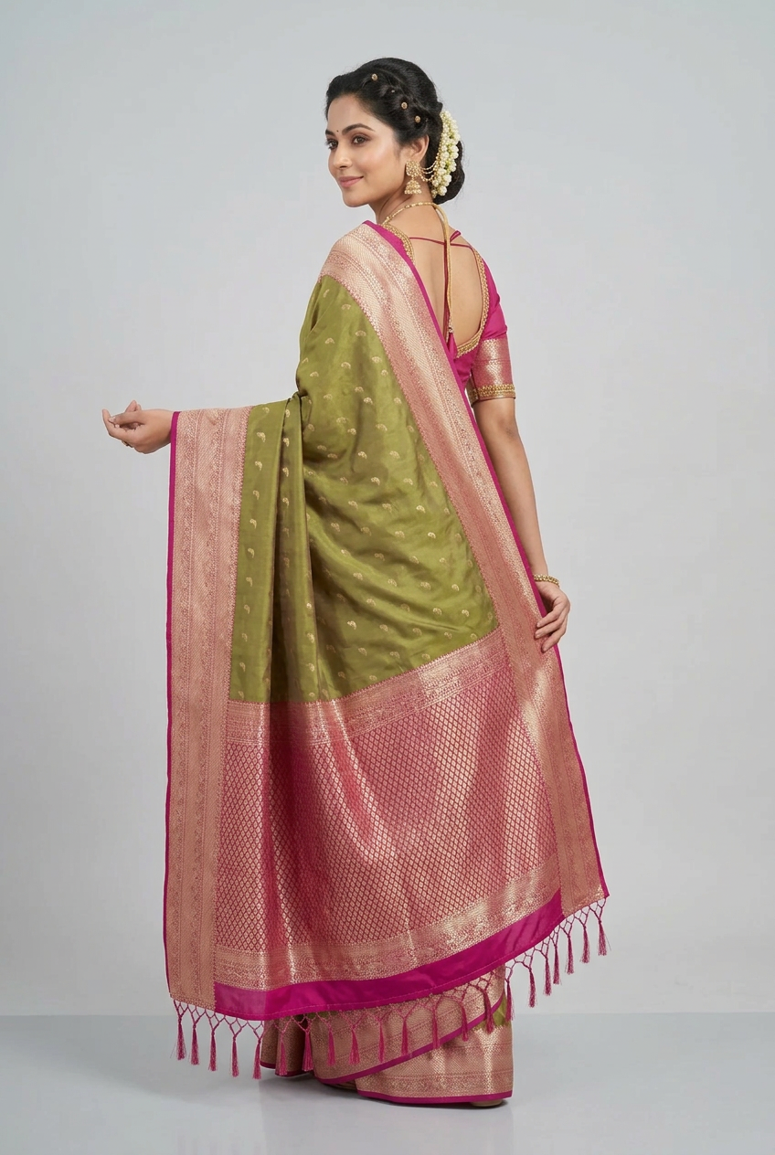 Art Silk Saree Olive Green Colour with Pink Colour Border