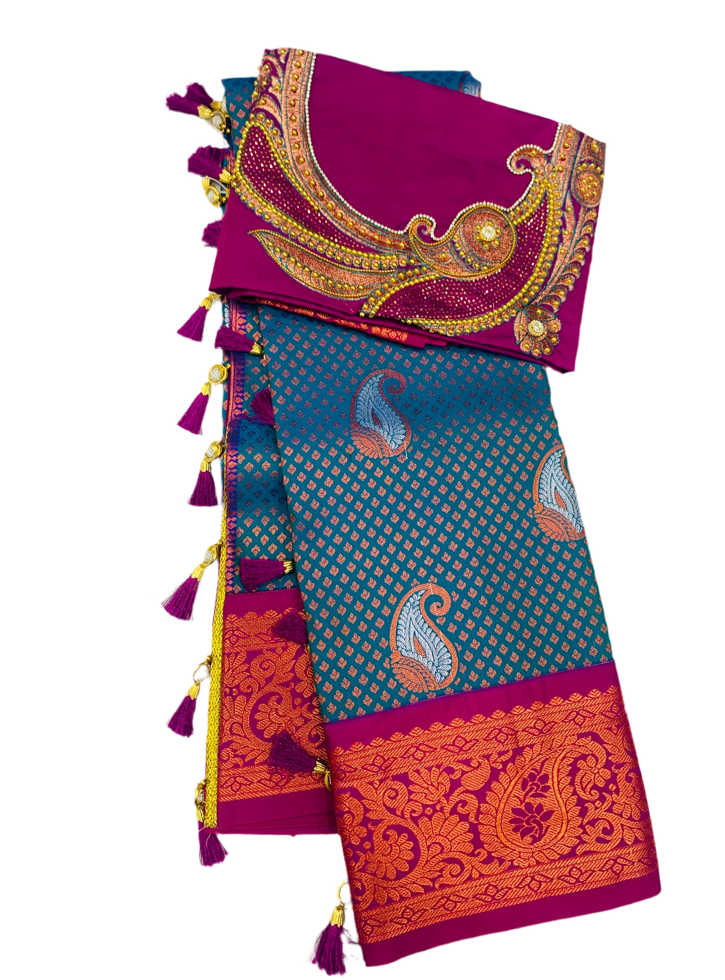 Bridal Vegan Silk Saree Rama Blue shade with Pink Border with Unstitched blouse in Aari work