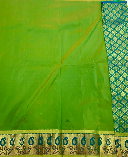 Green Shade Vegan Silk Kids Pattu Pavadai with contrast border for newborn to 2 Years