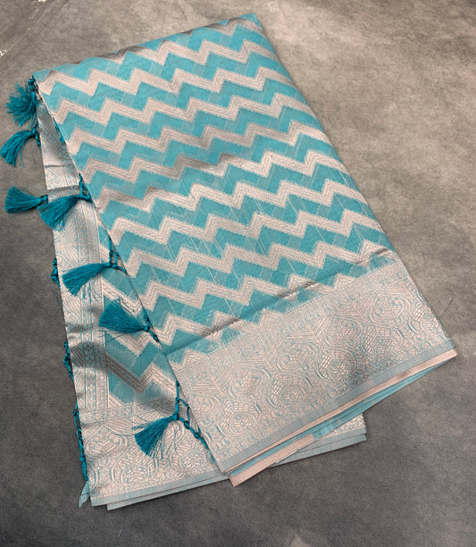 Banaras Katan Saree Sky Blue Colour with Katan Work Border