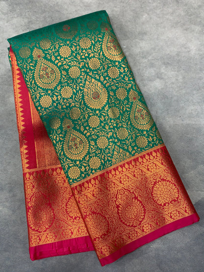 Vegan Silk Saree Green Colour with Pink Border
