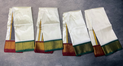 Art Silk Pooja Towel Cream with Large Ganga Jamuna(Green/ Maroon) Border - Pack of 4
