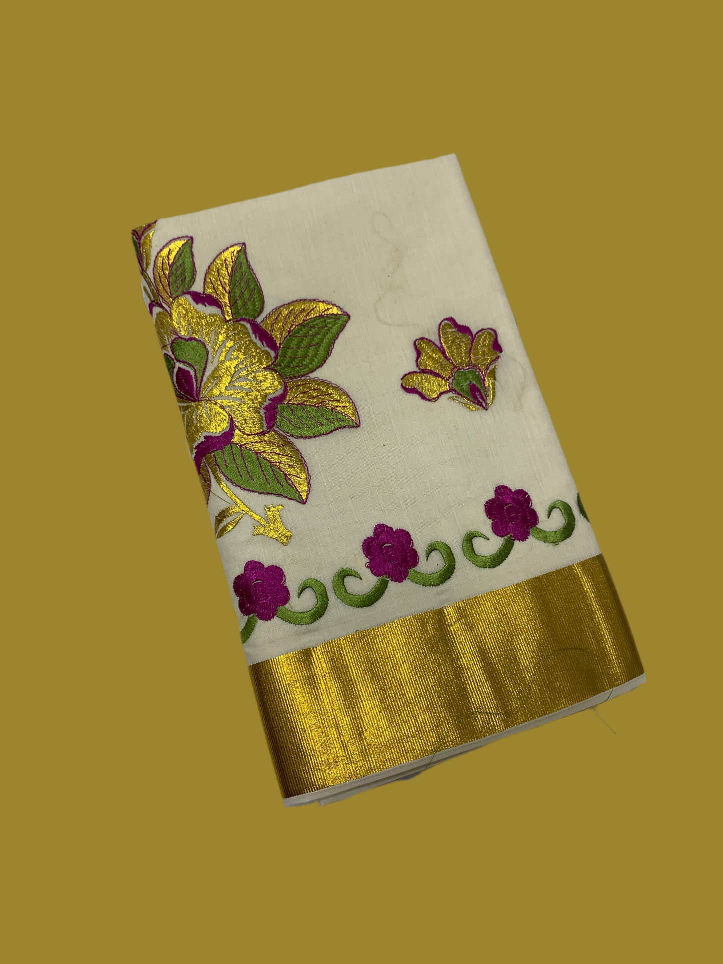 Kerala Cotton Saree Cream Colour with Floral Work Design