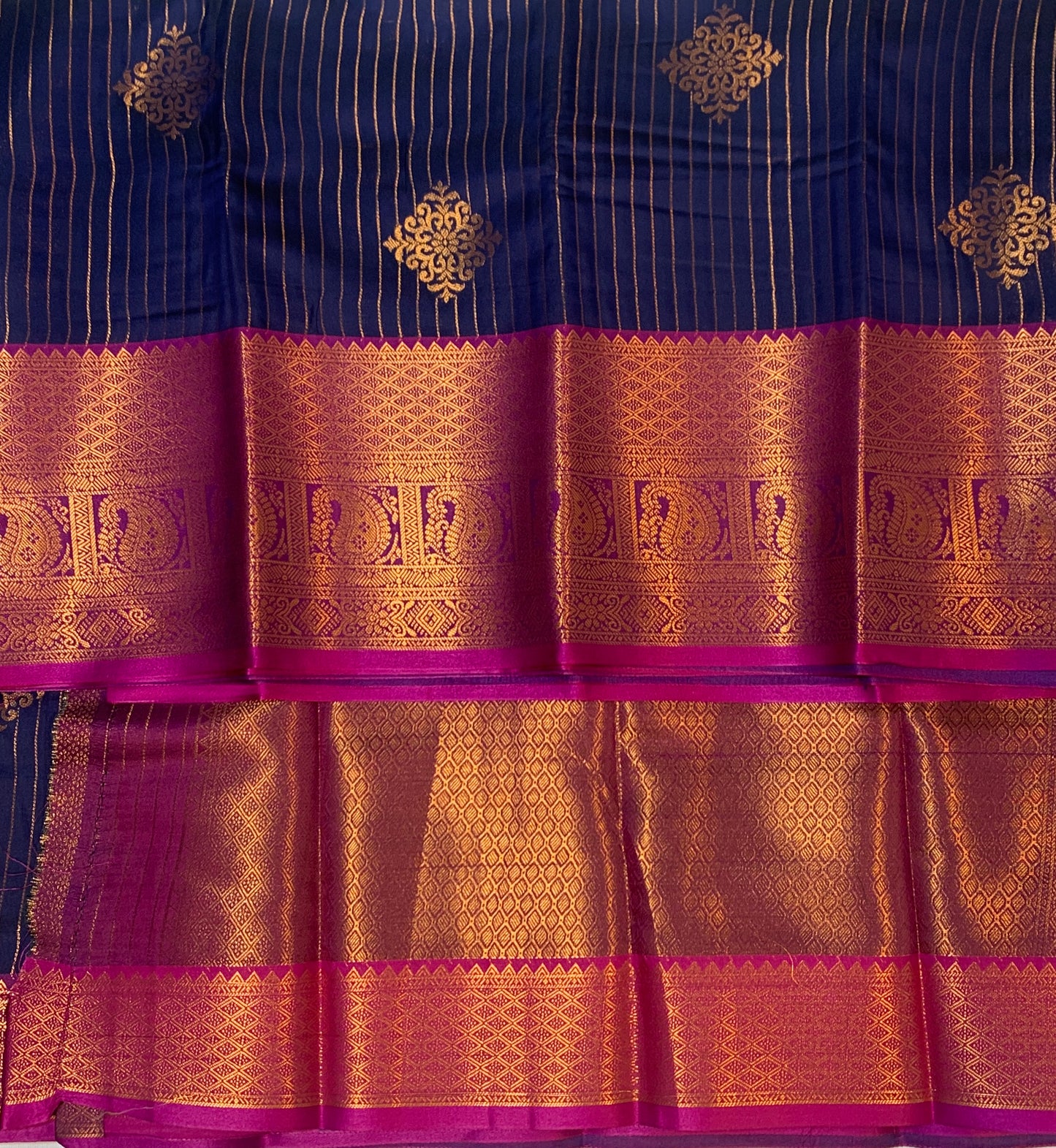 Vegan Lakshadeepam Silk Saree Navy Blue Colour with Copper Zari Border