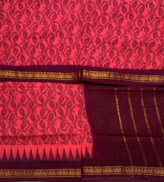 Chettinad Sungudi Cotton Tomato Red Colour with Brown Border